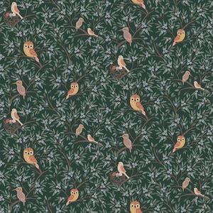 May include: A repeating pattern featuring various birds, including owls and smaller songbirds, perched on branches with leaves and berries. The color palette includes shades of green, brown, and blue, creating a nature-inspired design.