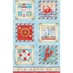 May include: A blue and white fabric panel with a nautical theme. The panel features six framed images of a lighthouse, crab, ship's wheel, sailboat, life preserver, and lobster. The panel measures approximately 24 inches by 44 inches.