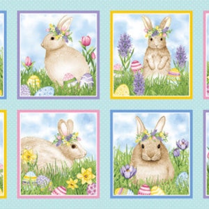 Könnte beinhalten: Acht quadratische Bilder von braunen Kaninchen, die Blumenkränze tragen und Ostereier halten. Die Kaninchen sind von Blumen und Gras umgeben. Die Bilder sind vor einem hellblauen Hintergrund angeordnet.