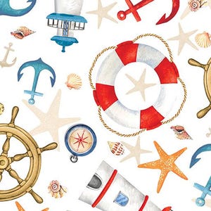 Könnte beinhalten: Ein nahtloses Muster mit nautischen Illustrationen. Das Muster enthält rote und weiße Rettungsringe, blaue und weiße Leuchttürme, Anker, Muscheln, Seesterne und einen Kompass.