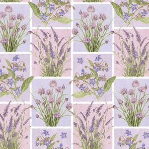 May include: A seamless pattern featuring a repeating design of lavender, chives, and forget-me-not flowers in shades of purple, blue, and green on a light pink background.