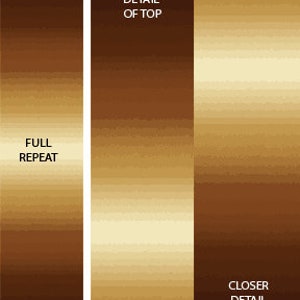 以下が含まれることがあります： 茶色とベージュの色合いのグラデーションを持つ、デジタルで作成されたパターン。画像は3つの垂直セクションに分かれており、「FULL REPEAT」、「CLOSER DETAIL OF TOP」、「CLOSER DETAIL OF BOTTOM」というテキストラベルが付いています。