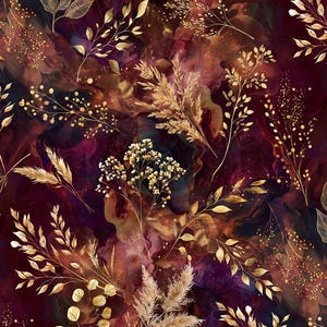 Könnte beinhalten: Ein nahtloses Muster mit botanischen Illustrationen in Metallic-Gold, die verschiedene Blätter, Gräser und kleine Blumen zeigen, überlagert von einem tiefen, wirbelnden Hintergrund in Dunkelburgunder, Pflaume und Schwarz mit marmorierter Textur.