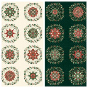 Könnte beinhalten: Ein Stoffdruck mit einem sich wiederholenden Muster aus kreisförmigen Kränzen, die komplizierte Stern- und Blumenmotive in Rot-, Grün- und Weißtönen umschließen. Das Design ist in zwei vertikale Abschnitte unterteilt, einen mit cremefarbenem und einen mit dunkelgrünem Hintergrund.