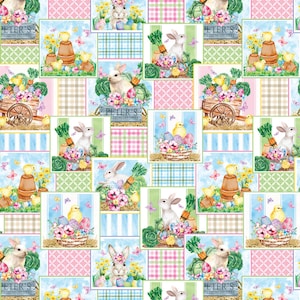 Könnte beinhalten: Ein farbenfrohes Patchwork-Muster mit Hasen, Küken und Ostereiern. Das Muster enthält eine Vielzahl von Texturen, darunter Karo, Gingham und Blumen. Der Text "Peter's Fresh Delivery" erscheint in mehreren der Quadrate.