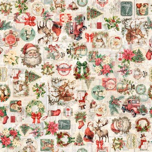 May include: A collage of Christmas-themed illustrations on a cream-colored background. The design features Santa Claus, reindeer, poinsettias, wreaths, snowmen, and red trucks. The color palette includes red, green, cream, and touches of blue.