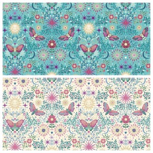 May include: Two seamless patterns featuring a celestial design with butterflies, flowers, stars, and suns. One pattern has a teal background, and the other has a cream background. The butterflies are pink and purple.