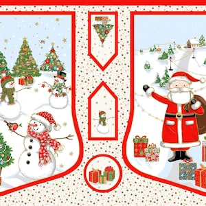 May include: Christmas-themed fabric panel featuring two stockings with festive scenes. One stocking depicts snowmen and decorated Christmas trees. The other shows Santa Claus with gifts. The panel has a red border and a dotted background.