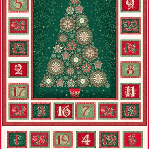 Peut inclure: Panneau de tissu calendrier de l'Avent avec un motif de sapin de Noël. L'arbre est composé de motifs floraux rouges et verts. Le calendrier comporte 24 poches numérotées dans des carrés rouges et verts.