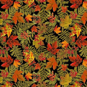 Op de afbeelding: Een naadloos patroon met herfstbladeren en bessen op een zwarte achtergrond. De bladeren zijn in tinten rood, oranje en geel, met groene varenachtige bladeren. Kleine rode bessen zijn verspreid over het ontwerp.