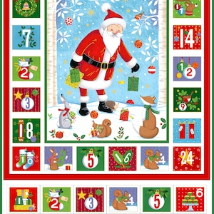 Puede incluir: Un calendario de Adviento de Santa con un diseño festivo. Papá Noel está rodeado de criaturas del bosque y adornos navideños. Cada día tiene un cuadrado numerado con una ilustración navideña única. El calendario es una vibrante mezcla de rojo, verde y azul.