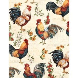 May include: A cream-colored fabric with a repeating pattern of colorful roosters and floral designs. The roosters have red, yellow, and blue feathers. The flowers are red, white, and yellow.