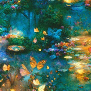 以下が含まれることがあります： 鮮やかな庭の風景を描いた印象派の絵画。オレンジと黄色の羽を持つ蝶が、鮮やかな花や葉の間を飛び回っています。青、緑、オレンジ、黄色の色使いで、夢のような雰囲気を作り出しています。スイレンのある池が見えます。