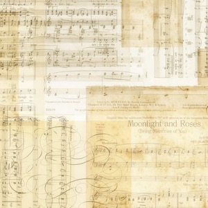 Puede incluir: Un collage de partituras antiguas en tonos sepia. La imagen presenta varias notaciones musicales, incluyendo claves de sol, notas y letras. El texto "Moonlight and Roses (Bring Memories of You)" es visible.