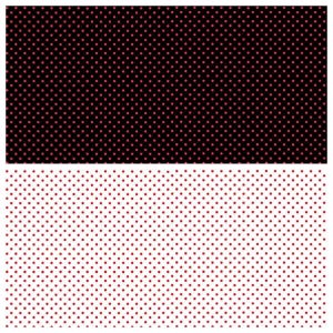 May include: A split image showing two backgrounds. The upper section is black, covered in small, evenly spaced pink dots. The lower section is white, also patterned with small, evenly spaced pink dots.
