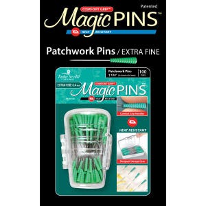 May include: A package of "Magic Pins" patchwork pins with green handles and extra fine 0.4 mm needles. The package includes 100 pins, each 36 mm long, and features a designer storage case. The pins are heat resistant.