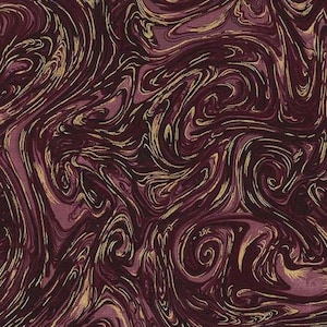 May include: Abstract swirl pattern fabric in shades of burgundy and gold. The fabric has a marbled look with swirling lines of gold on a burgundy background.