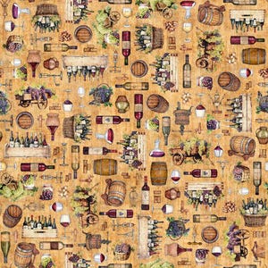 Può includere: Motivo ripetuto di illustrazioni legate al vino su sfondo beige. Il design include bottiglie di vino, botti, bicchieri, uva e strumenti per la vinificazione. Il tema generale è il vino e la vinificazione.