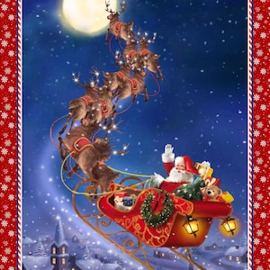 Puede incluir: Ilustración festiva de Papá Noel en un trineo rojo tirado por renos contra un cielo nocturno con luna llena. El trineo está lleno de regalos, y la escena está enmarcada por un borde rojo con copos de nieve.