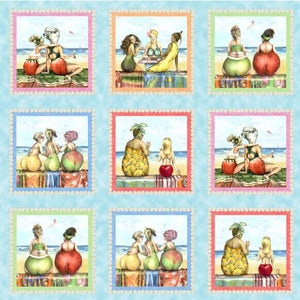 Könnte beinhalten: Eine farbenfrohe Illustration von neun verschiedenen Gruppen von Frauen am Strand. Jede Gruppe besteht aus drei Frauen, und jede Frau ist als Frucht dargestellt. Die Frauen tragen Badeanzüge und halten Getränke in der Hand. Der Hintergrund ist ein blauer Himmel und Meer.