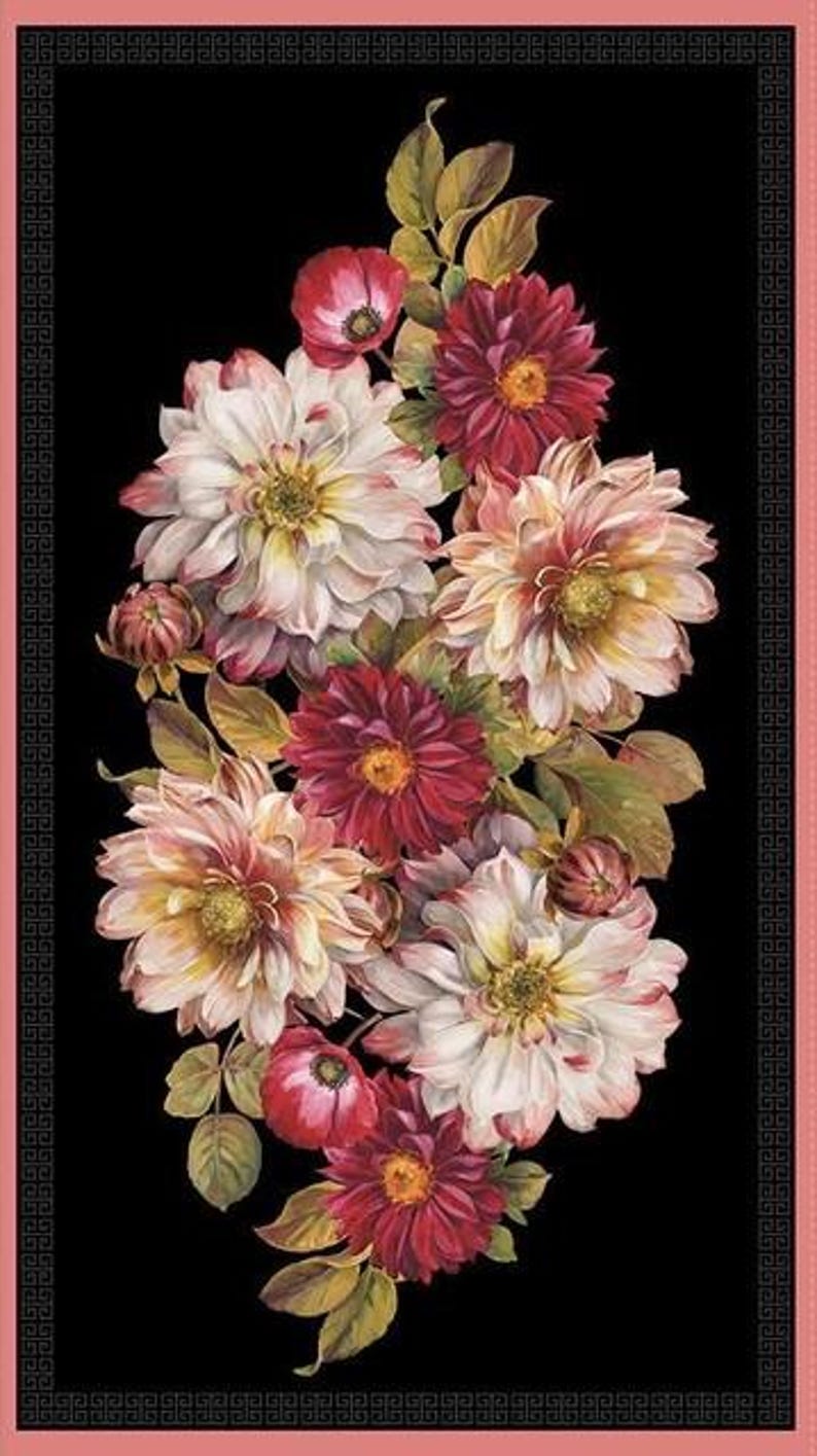 Peut inclure: Un bouquet de fleurs blanches, roses et rouges avec des feuilles vertes sur un fond noir.