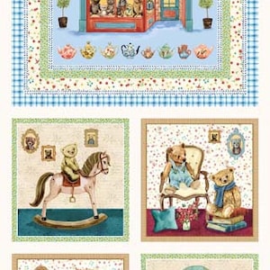 Könnte beinhalten: Eine Collage aus vier Illustrationen mit Teddybären. Die oberste Illustration zeigt ein Teddybärgeschäft mit dem Text "Much Loved Bear". Die anderen Illustrationen zeigen Teddybären auf einem Schaukelpferd, auf einem Stuhl sitzend und in einem Regal.