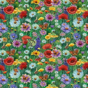 May include: A detailed floral pattern with a meadow scene. Red poppies, white daisies, and purple and yellow flowers are interspersed with orange butterflies and small insects. The design is set against a backdrop of green grass, creating a lively, natural scene.