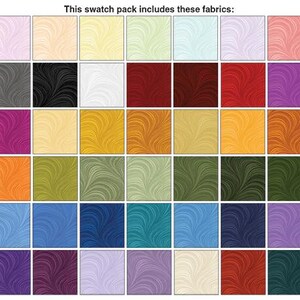 May include: A fabric swatch pack with a grid of samples. Each swatch has a swirling, textured pattern in various colours, such as pink, yellow, green, blue, and purple. The text at the top reads, "This swatch pack includes these fabrics:"