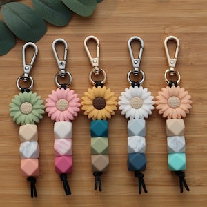 Sunflower Keychain, Silicone Bead Keychain, Boho Beaded Keychain, Diaper Bag Tag, Flower Keychain, Keychain Gift