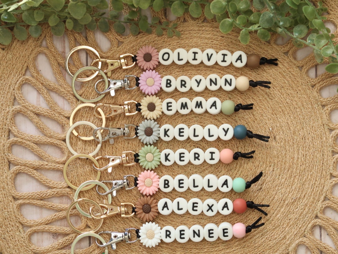 Name Bead Keychain, Keychain With Name, Flower Name Keychain, Silicone
