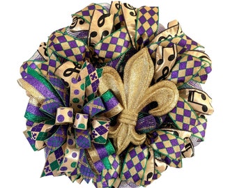 Mardi Gras Wreath, Fat Tuesday Wreath for Between 2 Doors, Storm Door Wreath, Gold Glitter Fleur de Lis Wreath, PGG Carnival Door Hanger