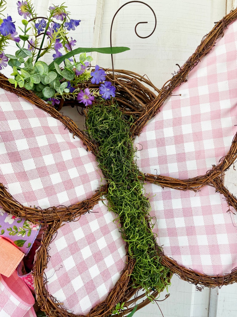 XL Butterfly Wreath for Front Door, Spring and Summer Wreath, Pink Buffalo Plaid Every Day Wreath, Wispy and Natural-style Garden Door Decor image 4