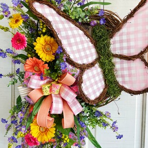 XL Butterfly Wreath for Front Door, Spring and Summer Wreath, Pink Buffalo Plaid Every Day Wreath, Wispy and Natural-style Garden Door Decor image 10