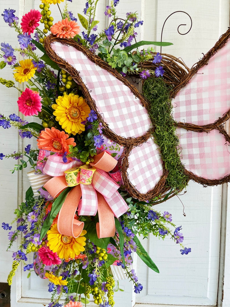 XL Butterfly Wreath for Front Door, Spring and Summer Wreath, Pink Buffalo Plaid Every Day Wreath, Wispy and Natural-style Garden Door Decor image 10