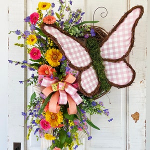 XL Butterfly Wreath for Front Door, Spring and Summer Wreath, Pink Buffalo Plaid Every Day Wreath, Wispy and Natural-style Garden Door Decor image 2