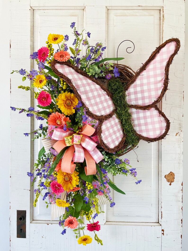 XL Butterfly Wreath for Front Door, Spring and Summer Wreath, Pink Buffalo Plaid Every Day Wreath, Wispy and Natural-style Garden Door Decor image 2