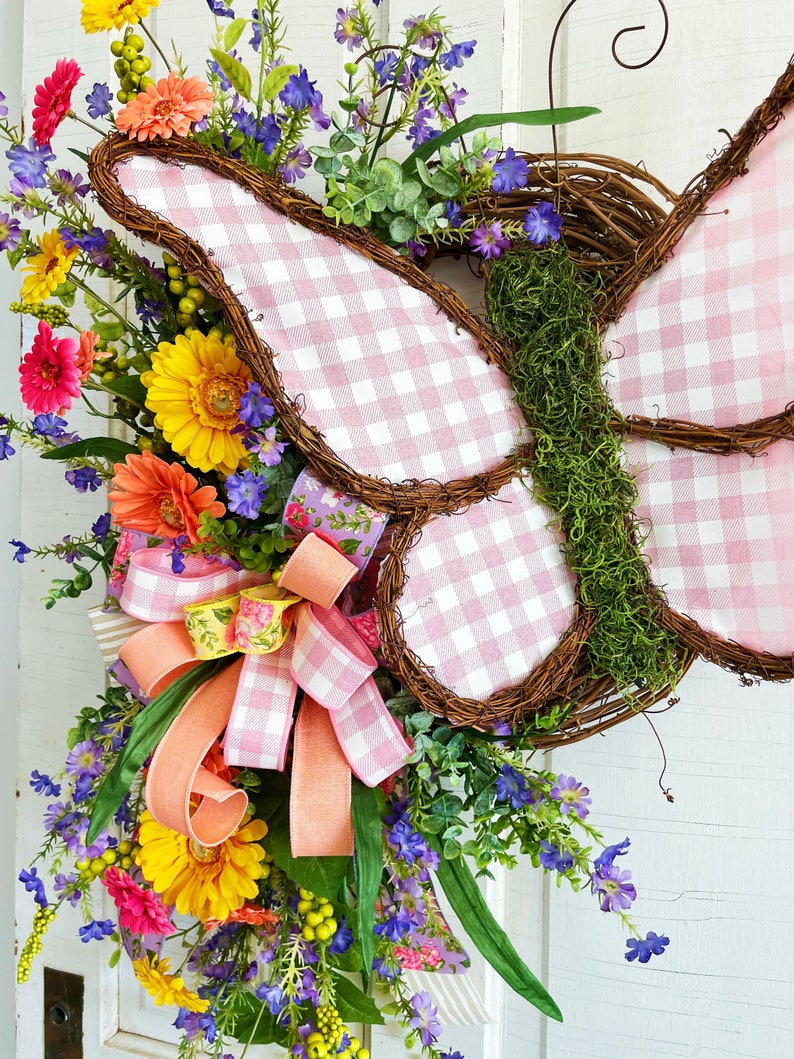 XL Butterfly Wreath for Front Door, Spring and Summer Wreath, Pink Buffalo Plaid Every Day Wreath, Wispy and Natural-style Garden Door Decor image 8