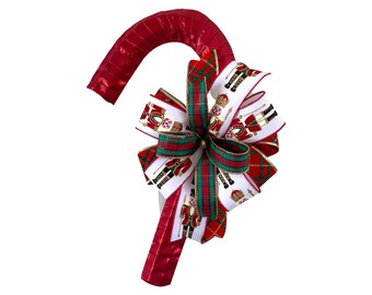 Nutcracker Christmas Candy Cane Wreath, Candy Cane Door Hanger, Traditional Wreath with Nutcracker Bow for Winter Season for Door or Wall