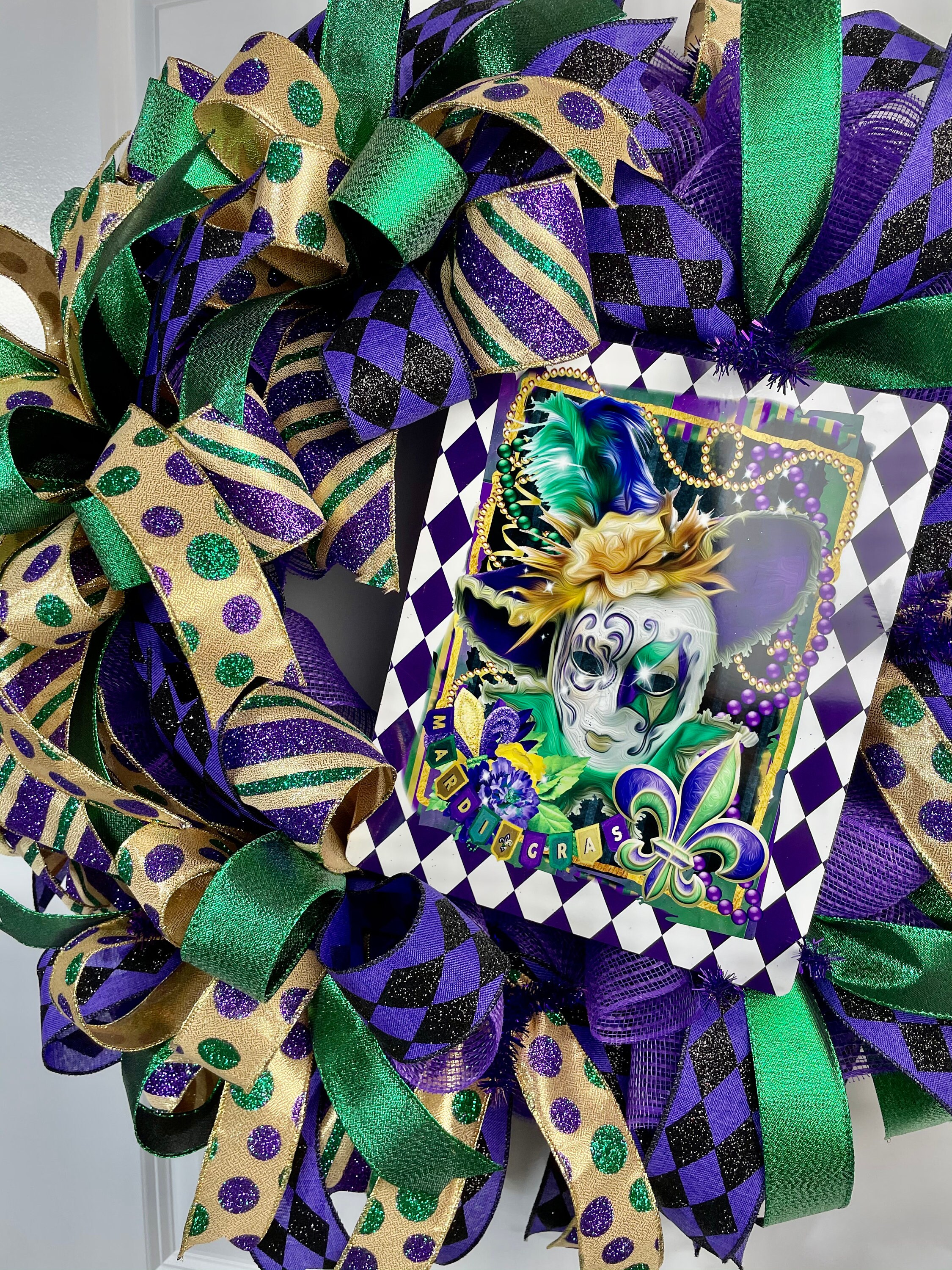 Mardi Gras Lantern Swag, Glam and Glitter Mardi Gras Decorations, New  Orleans Large Bow Tree Topper, Fat Tuesday Lantern Bow Porch Decor