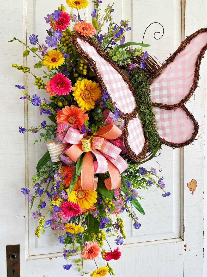 XL Butterfly Wreath for Front Door, Spring and Summer Wreath, Pink Buffalo Plaid Every Day Wreath, Wispy and Natural-style Garden Door Decor image 7