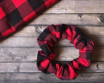 Red Buffalo Plaid Scrunchie, Holiday Hair Tie
