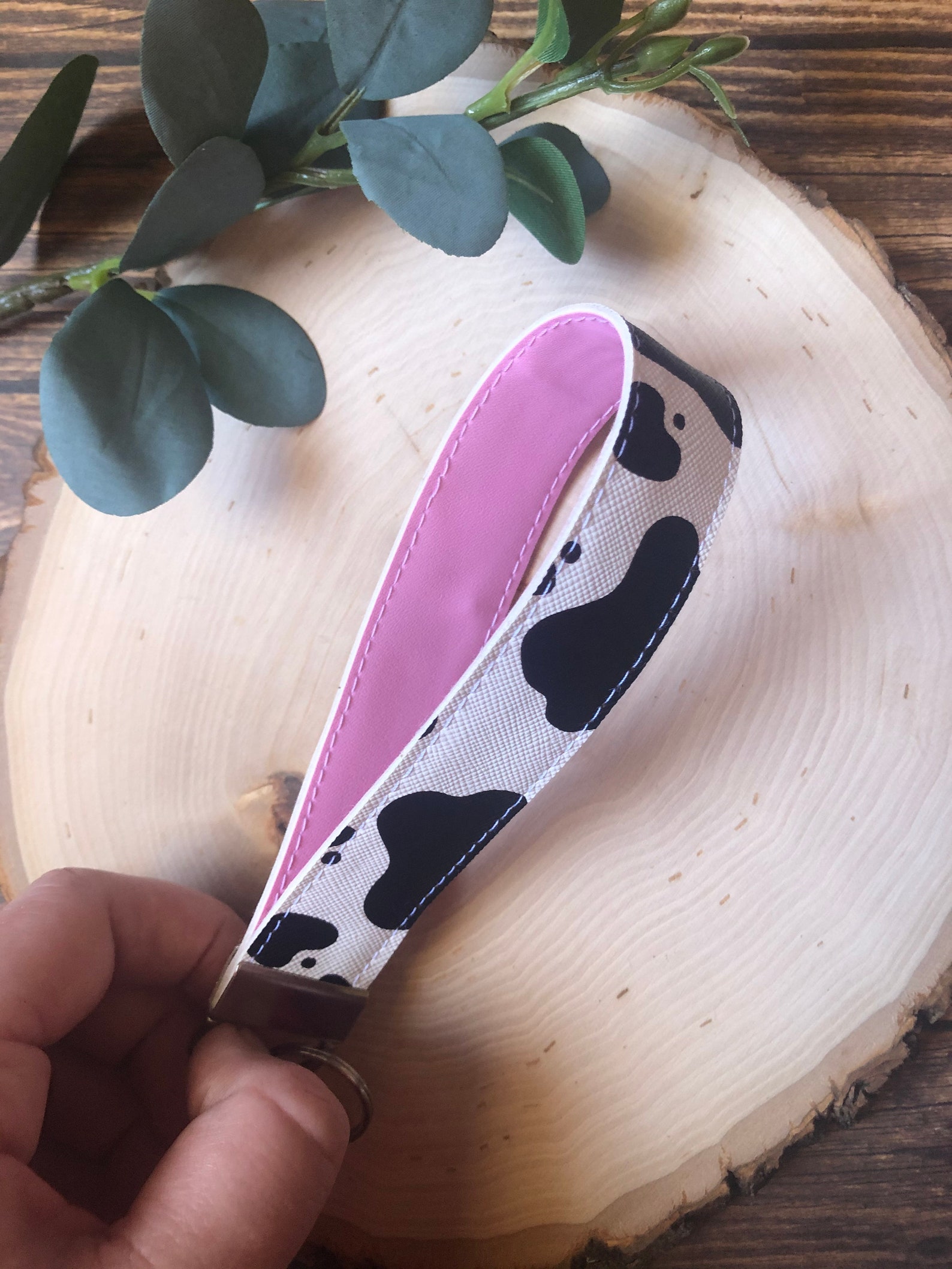 Pink Keychain Cow Print Keychain Wristlet Cow Print Key Fob Etsy