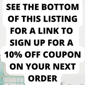 May include: Text overlay on a beach scene with a lifeguard stand: "See the bottom of this listing for a link to sign up for a 10% off coupon on your next order."
