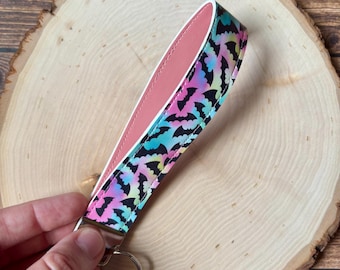 Tie Dye Bat Wristlet Keychain, Faux Leather Halloween Keyring