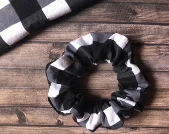 Handmade Buffalo Plaid Cotton Scrunchie, Black and White