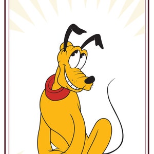 Może przedstawiać: Plakat w stylu vintage z Plutem, psem Disneya. Plakat ma żółte tło z czerwoną ramką i białą gwiazdą po obu stronach tekstu "Pluto". Tekst "WALT DISNEY STUDIOS PRESENTS" znajduje się u góry plakatu w brązowej czcionce. Tekst "FAITHFUL  HOUND AND BEST FRIEND" znajduje się na dole plakatu w brązowej czcionce.