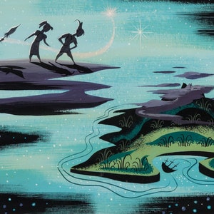May include: Silhouette illustration of Peter Pan, Wendy, John, and Michael flying over a dark blue and green island with a starry night sky background.