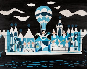 May include: A whimsical illustration of a blue and white hot air balloon floating over a stylized cityscape. The city is made up of geometric shapes and towers, with small figures in blue and white clothing standing on the rooftops. The background is a dark blue, representing the night sky.