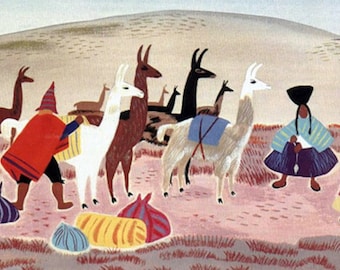 May include: A colorful illustration of a group of people and llamas in a desert landscape. The people are wearing traditional clothing and carrying bags. The llamas are carrying bundles of goods. The scene is painted in a stylized, folk art style.