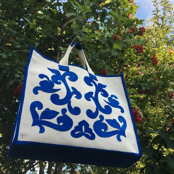 Tote Bag Large Shoppingbag Blue Floral Print Handmade Exclusive Single Product only one in World